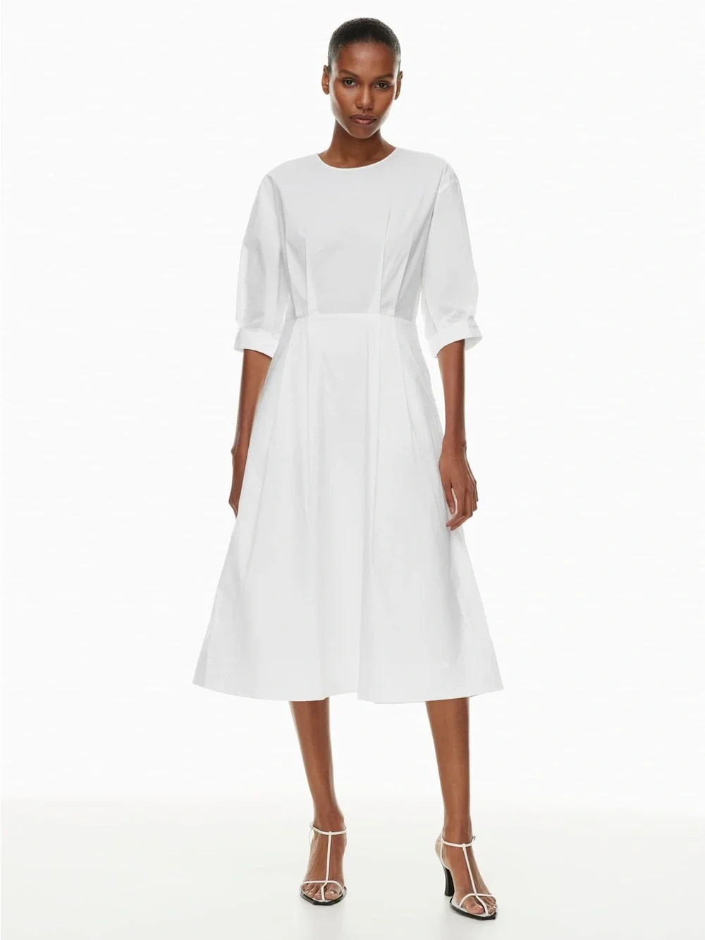 Aritzia Babaton Brighton Poplin White Midi Dress with 3/4 Sleeves XS Fit & Flare - Picture 1 of 15